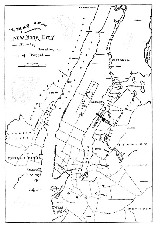Map of New York City showing location of 
tunnel