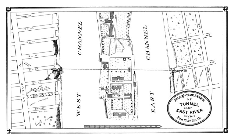 Map of location of tunnel under East River